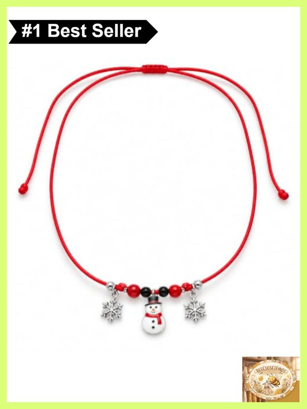 Christmas Charm Necklace Red Cord Snowman Snowflake Brass Pendant
